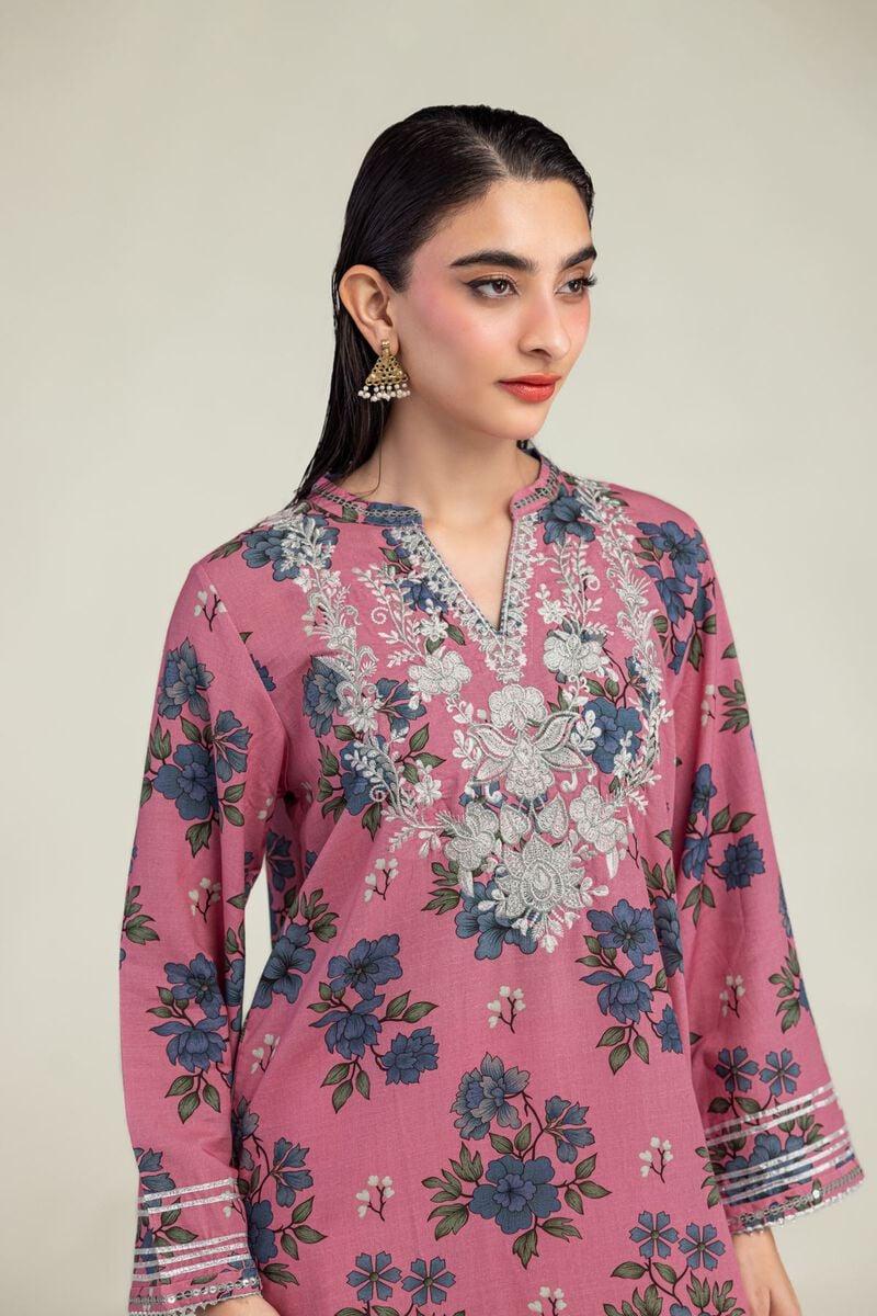 Embroidered | Raw Silk | Floral V-Neck Kurta | USD 40.00