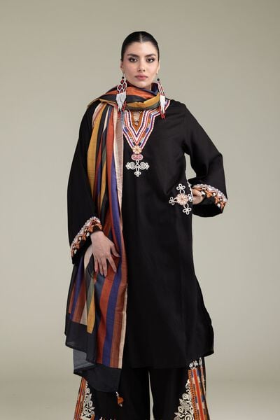 Embroidered | Raw Silk | Black Longline Kurta | USD 45.00