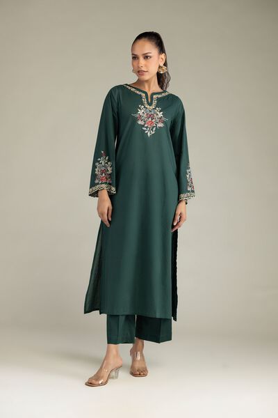 Embroidered | Cambric | Solid Green Pants | USD 30.00