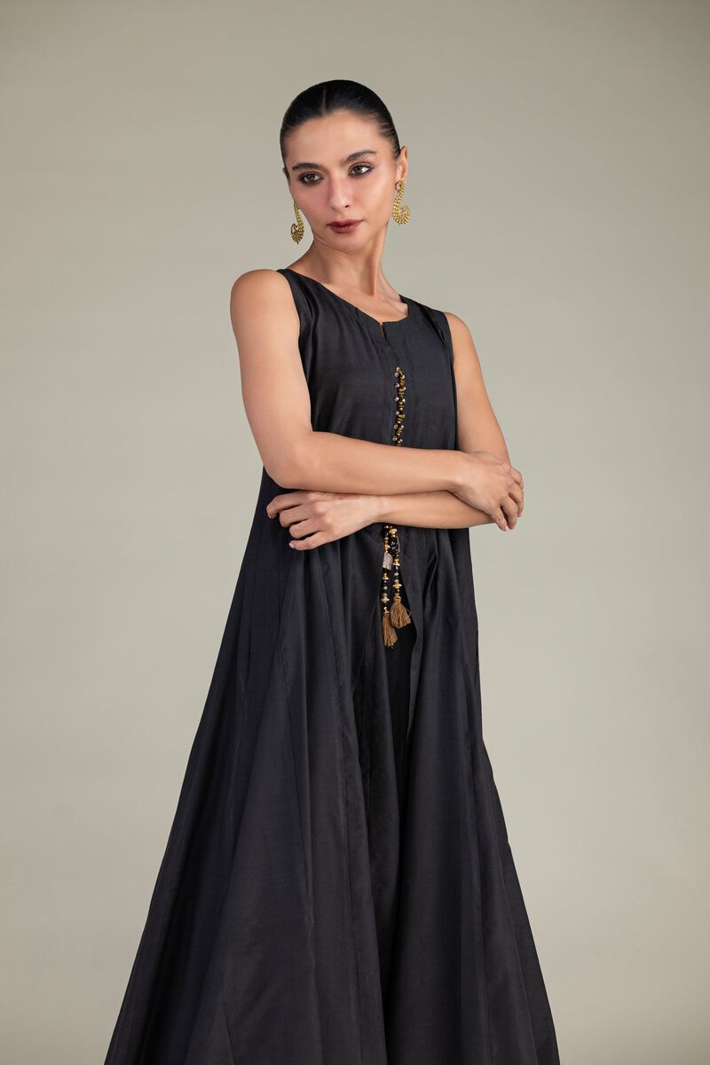 Dyed | Textured Raw Silk | Black Sleeveless Kurta | USD 55.00