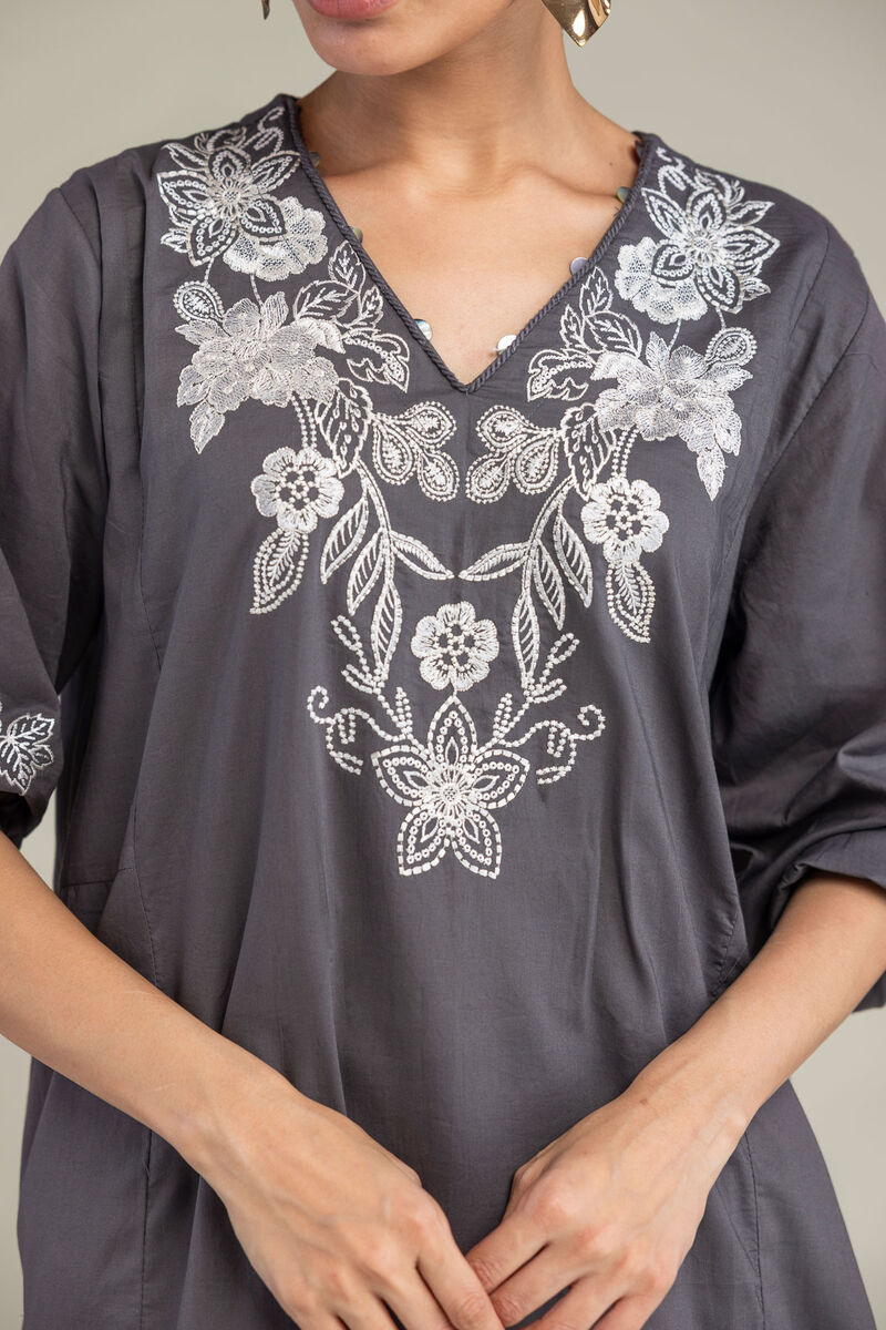 Embroidered | Cambric | Gray V-neck Kurta | USD 40.00