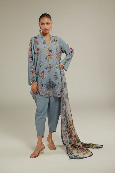 Embroidered | Raw Silk | Blue Silk Pants | USD 30.00