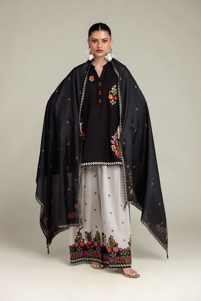 Embroidered | Raw Silk | Black Floral Kurta | USD 40.00