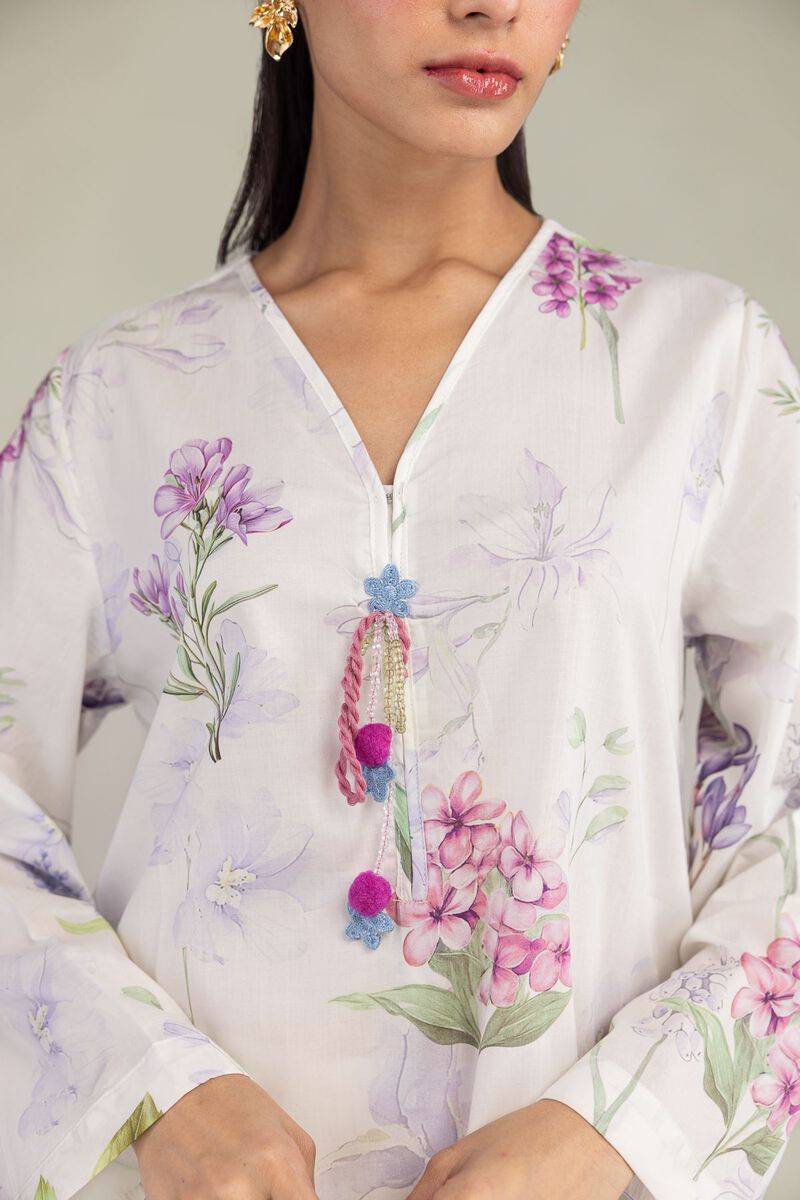 Printed | Cotton Viscose | White V-Neck Kurta | USD 35.00