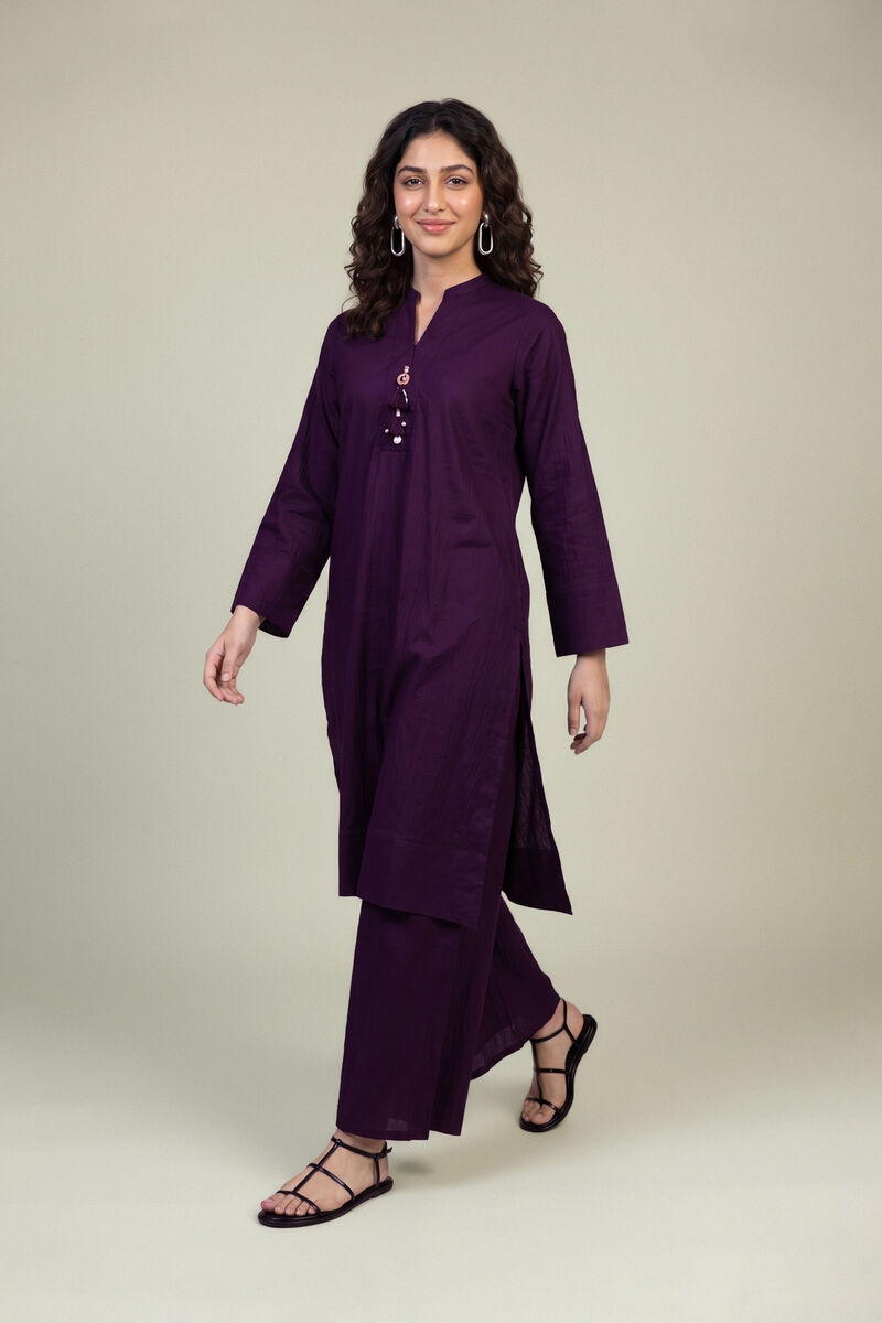 Embroidered | Cotton Crinkle | Purple Cotton Pants | null