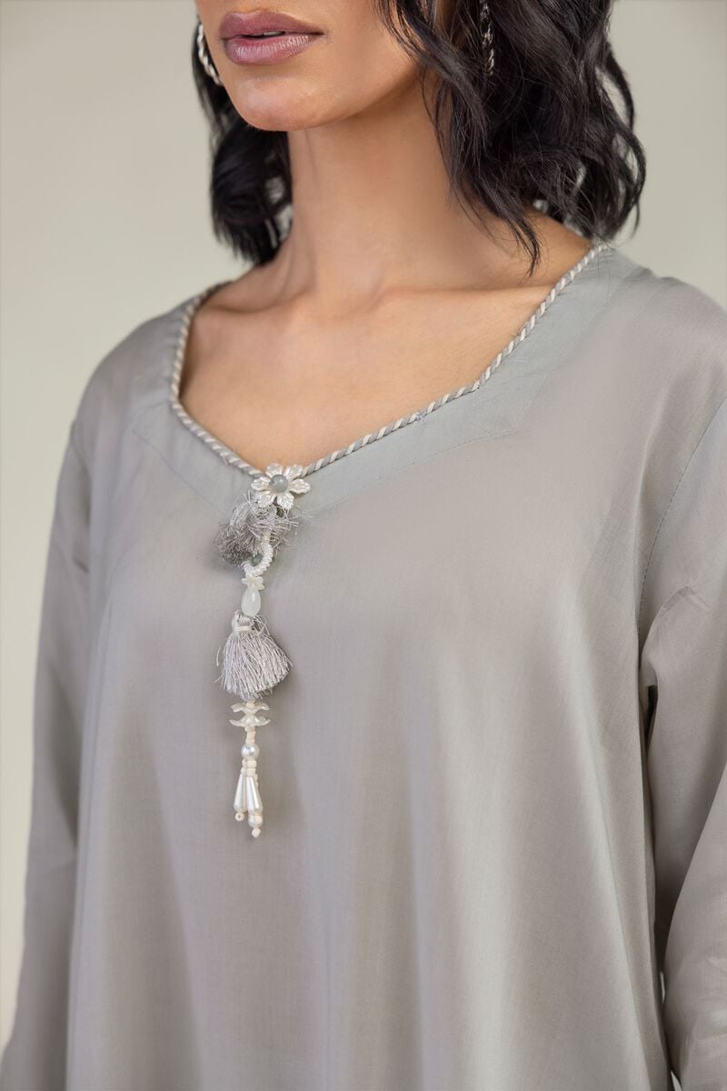 Embroidered | Lyocell | Gray Longline Kurta | USD 40.00