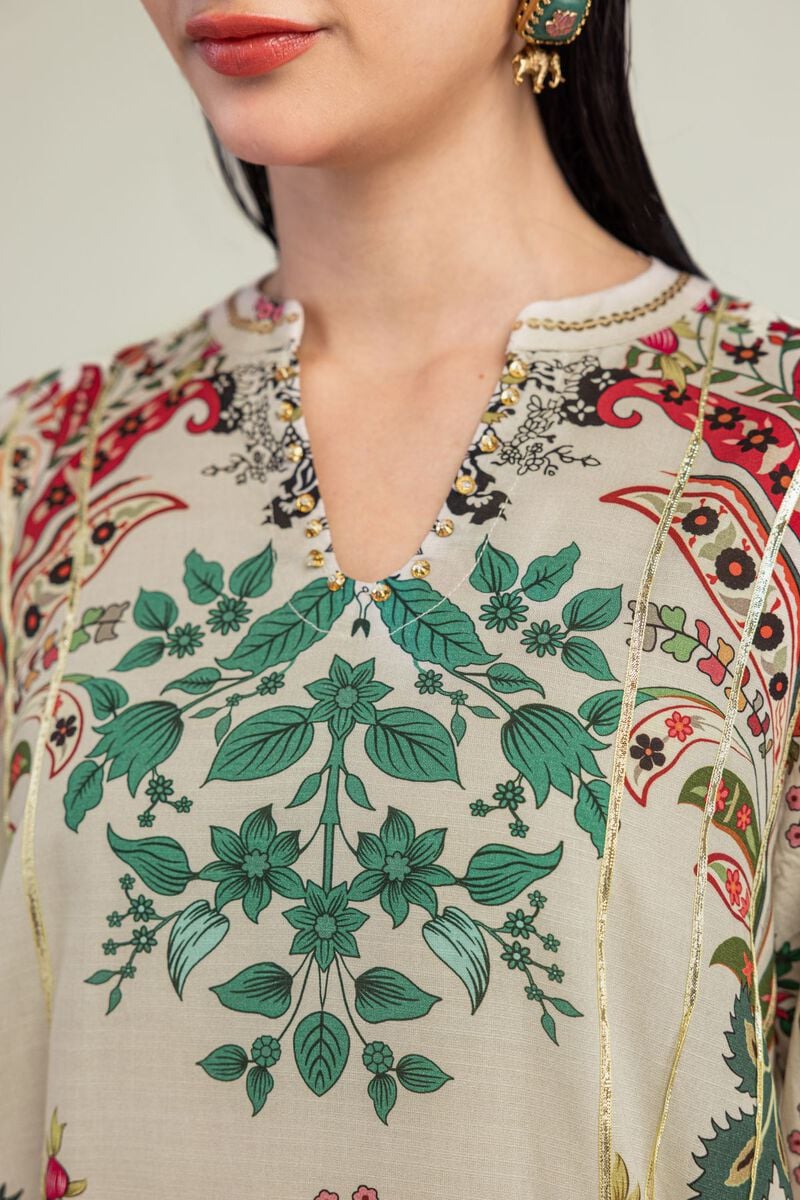 Embroidered | Raw Silk | Floral Beige Kurta  | USD 40.00