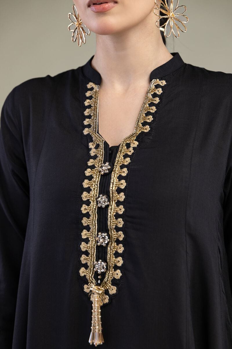 Embroidered | Raw Silk | Black Longline Kurta | USD 60.00
