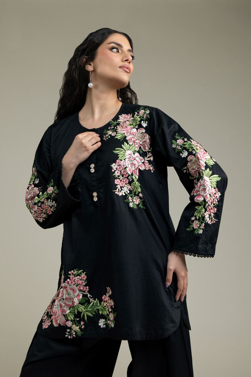 Embroidered | Cambric | Black Round-Neck Kurta | USD 40.00