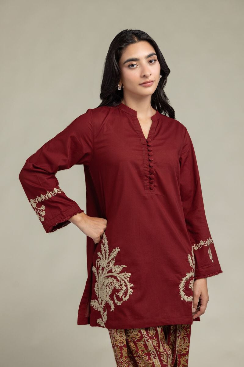 Embroidered | Cambric | Maroon V-Neck Kurta | USD 45.00