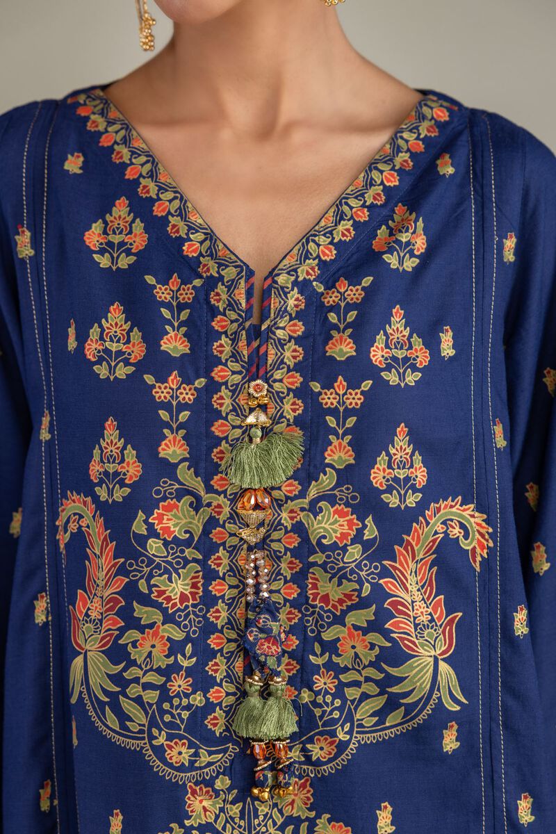 Printed | Raw Silk | Navy Silk Kurta | null