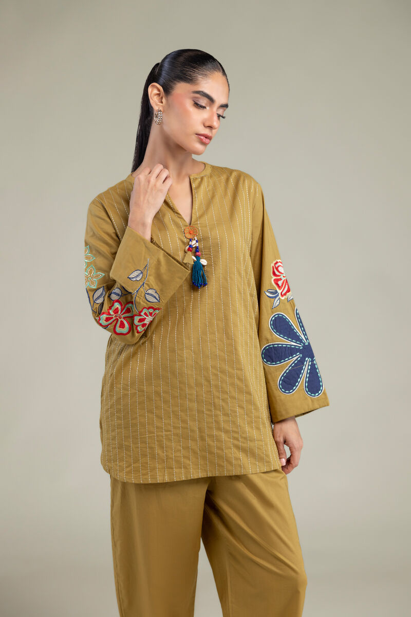 Embroidered | Cambric | Mustard V‑Neck Tunic | USD 40.00