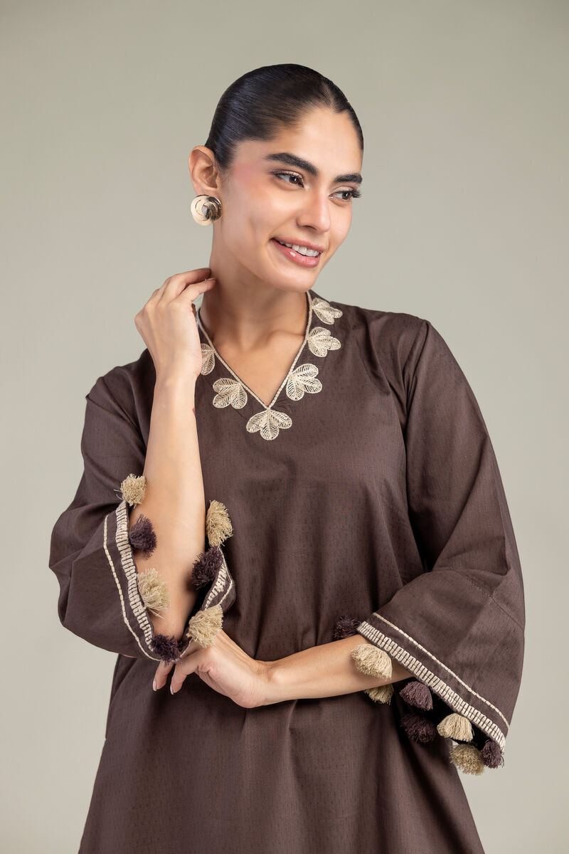 Embroidered | Cotton Dobby | Brown V-Neck Kurta | USD 40.00