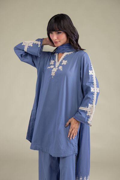 Embroidered | Cambric | Blue Threadwork Kurta | USD 40.00