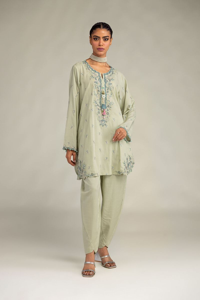 Embroidered | Raw Silk | Floral Mint Kurta | USD 60.00