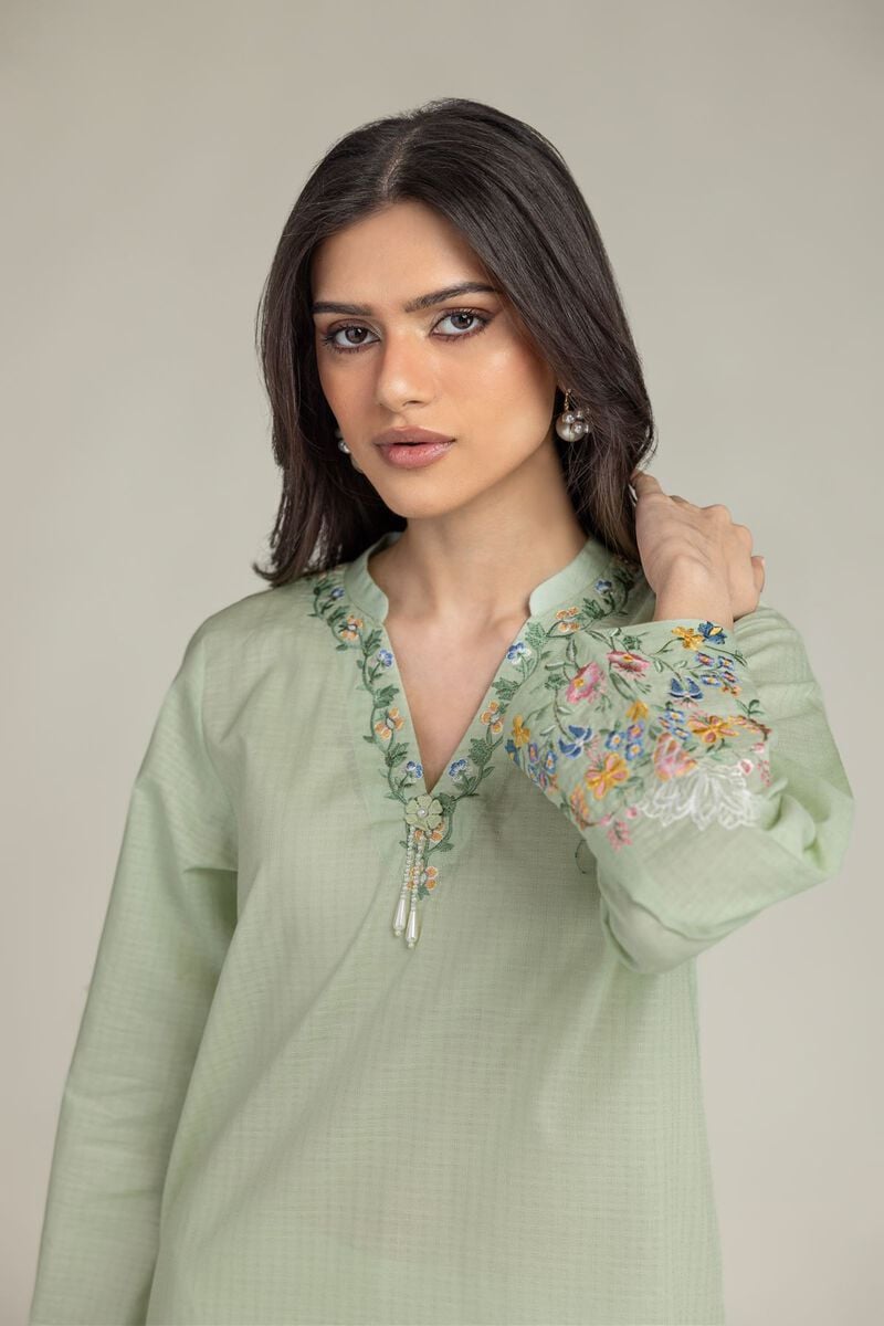 Embroidered | Cotton Dobby | Floral Mint Kurta | USD 35.00