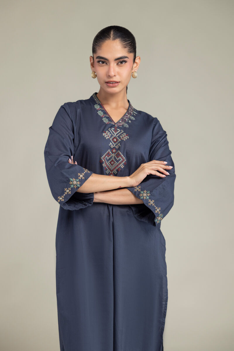 Embroidered | Cambric | V-Neck Navy Kurta | USD 40.00