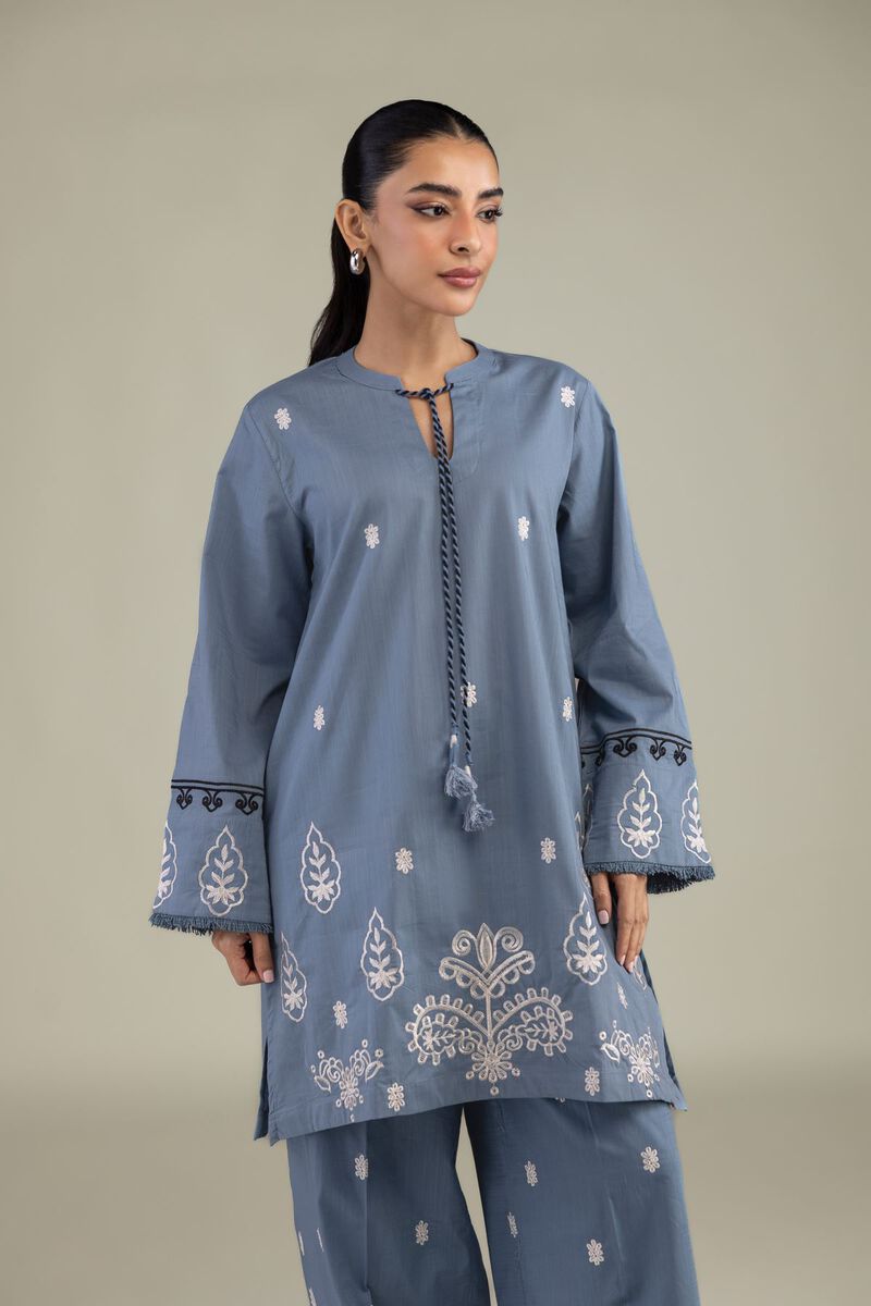 Textured Cotton | Embroidered | Blue Cotton Kurta | USD 40.00