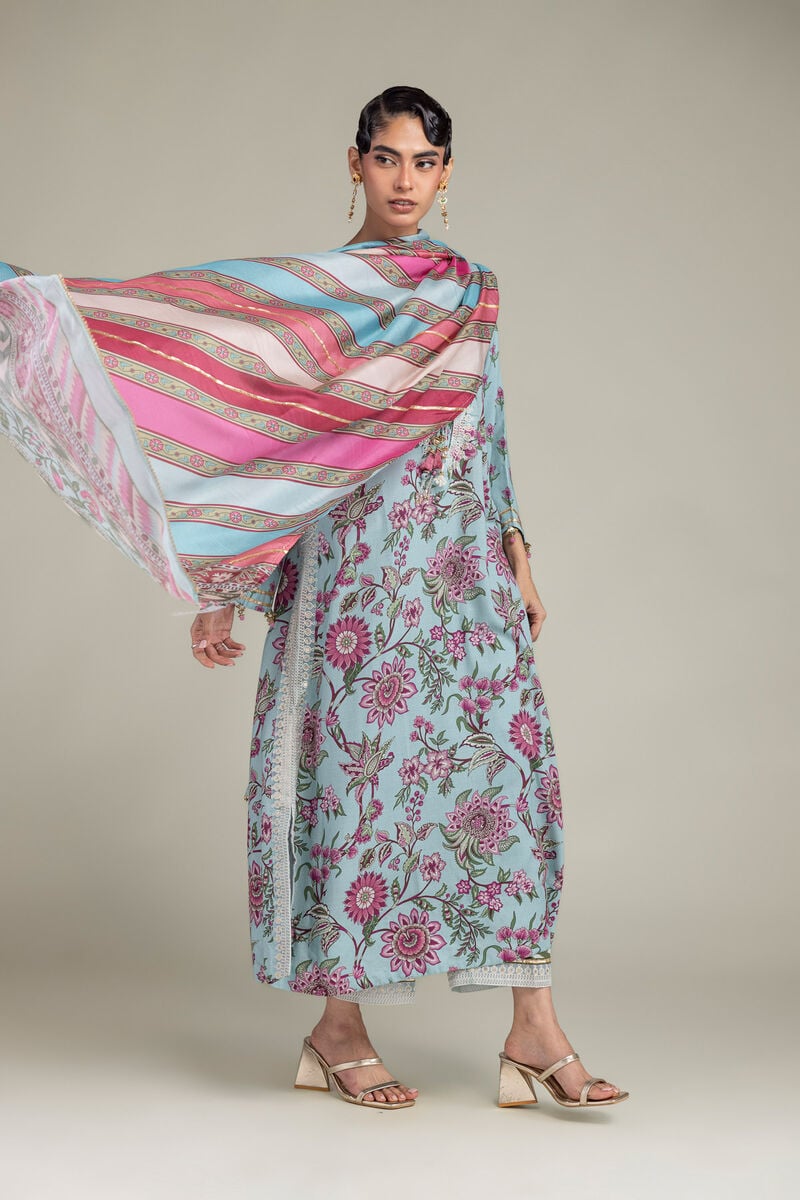 Embroidered | Polyester Silk | Blue Floral Dupatta | USD 35.00