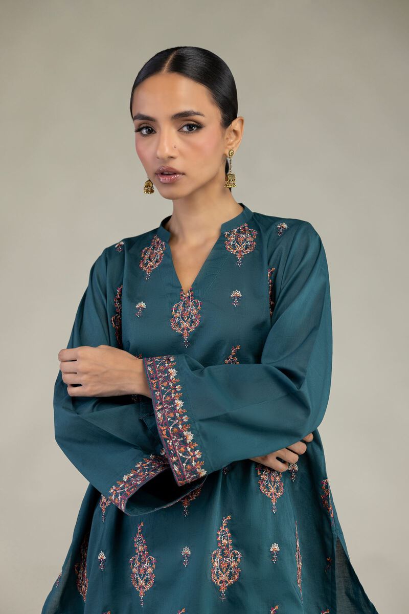 Embroidered | Cambric | Short Teal Kurta | USD 35.00