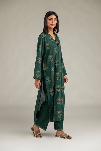 Embroidered | Cotton Dobby | Floral Green Pants | USD 30.00