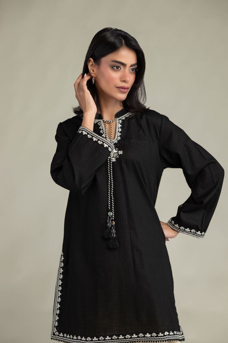 Embroidered | Cotton Dobby | Short Black Kurta | USD 40.00