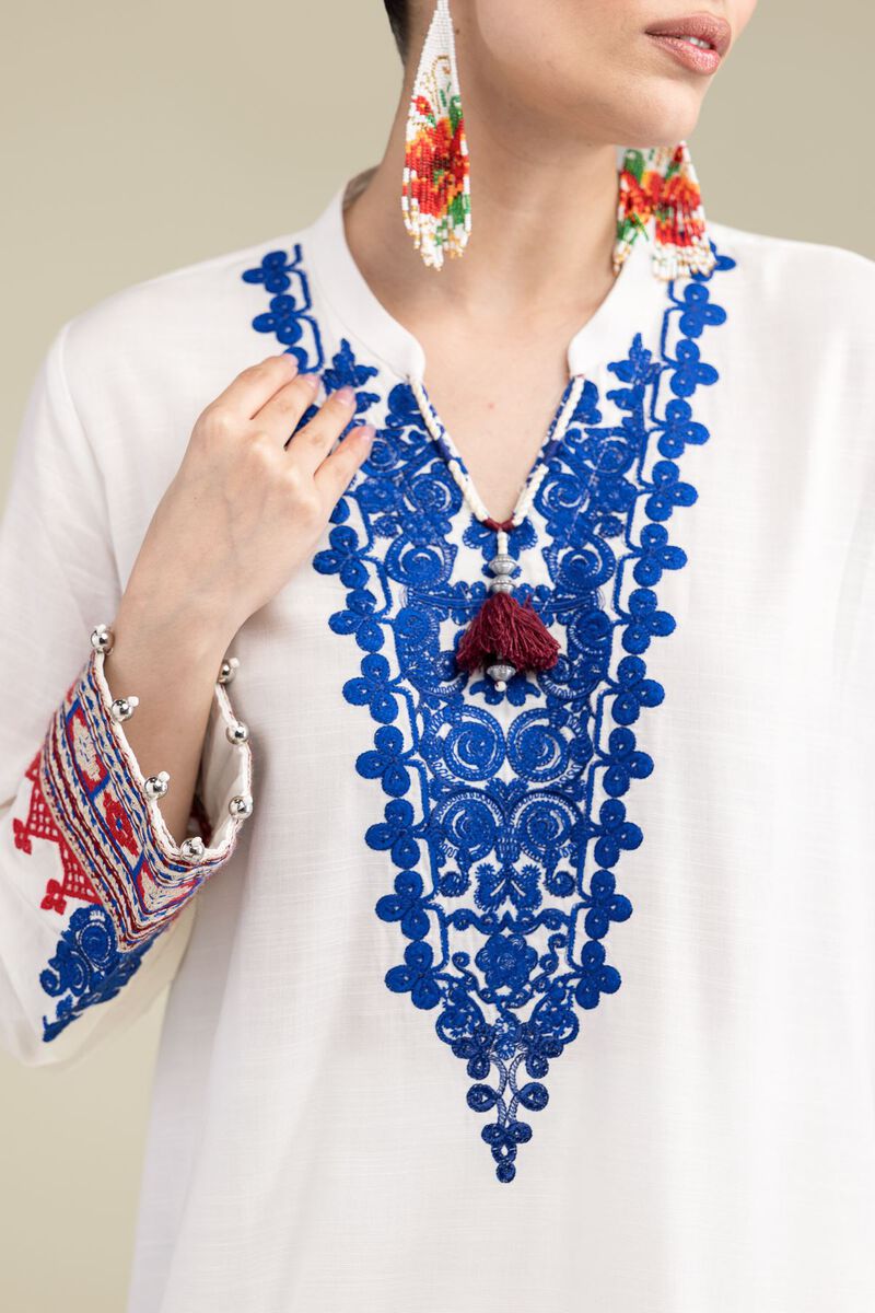Embroidered | Raw Silk | White V-Neck Kurta | USD 13.50
