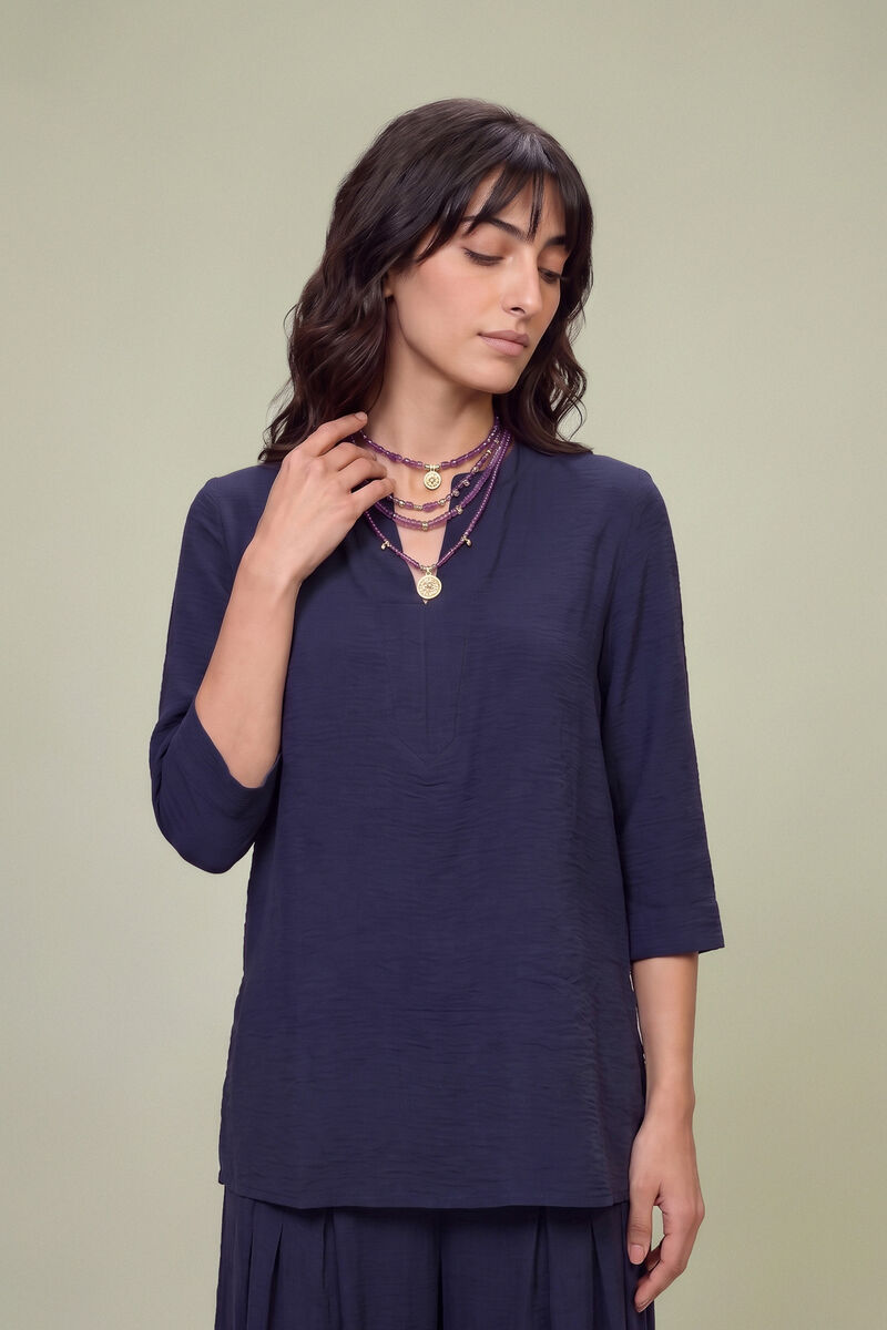 Dyed | Textured Georgette | V-Neck Navy Tunic | USD 40.00