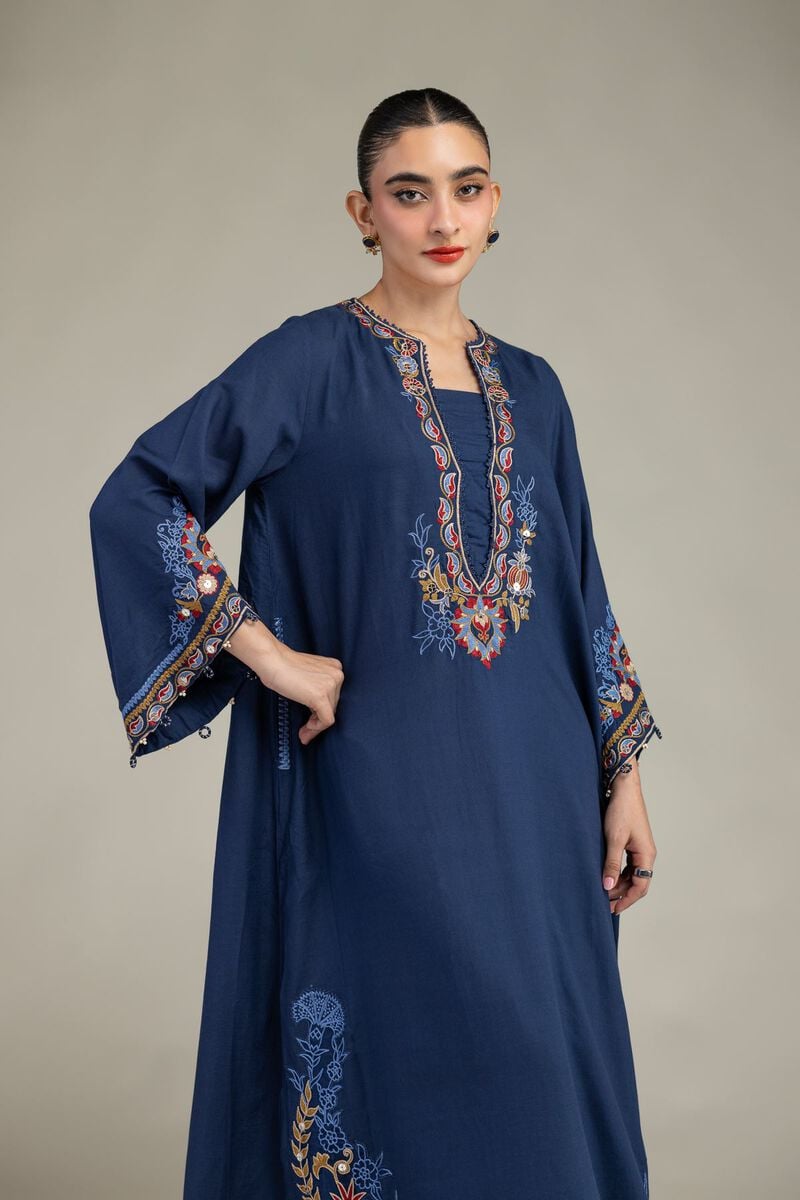 Embroidered | Raw Silk | Floral Navy Kurta | USD 65.00