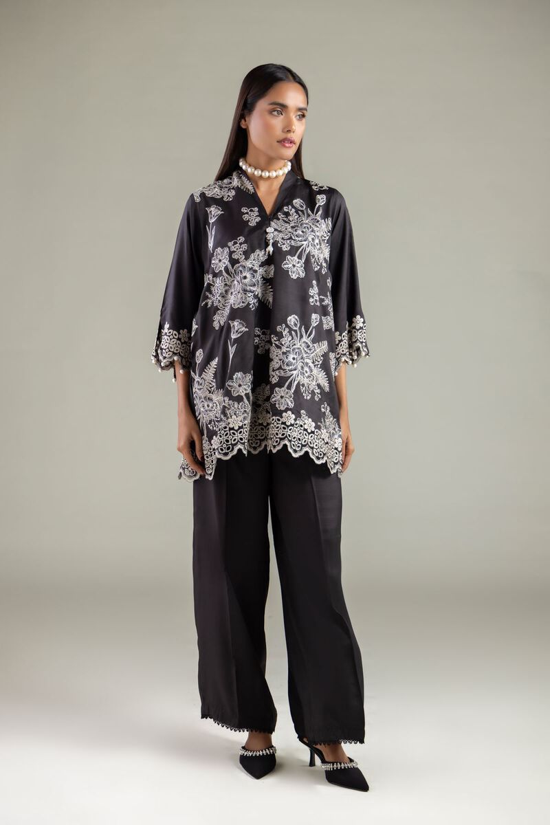 Embroidered | Raw Silk | V-Neck Floral Kurta | USD 60.00