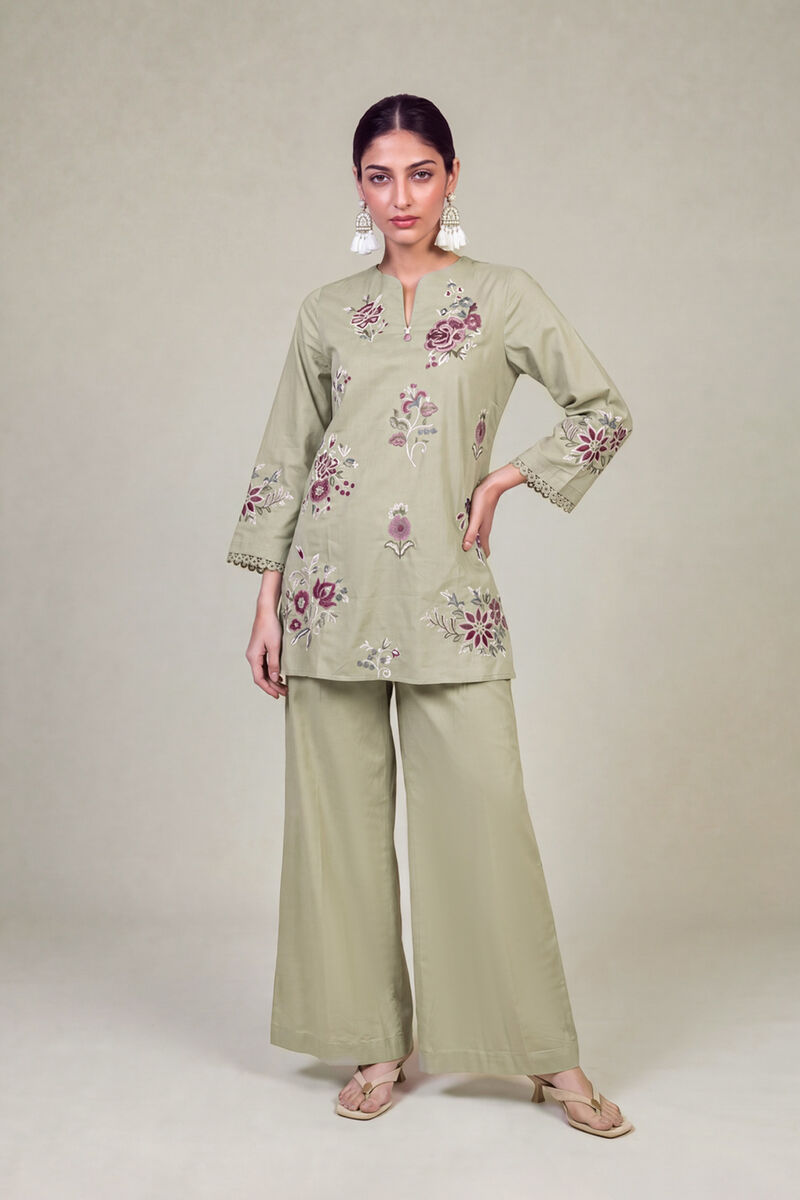 Embroidered | Cambric | Solid Olive Pants | USD 30.00