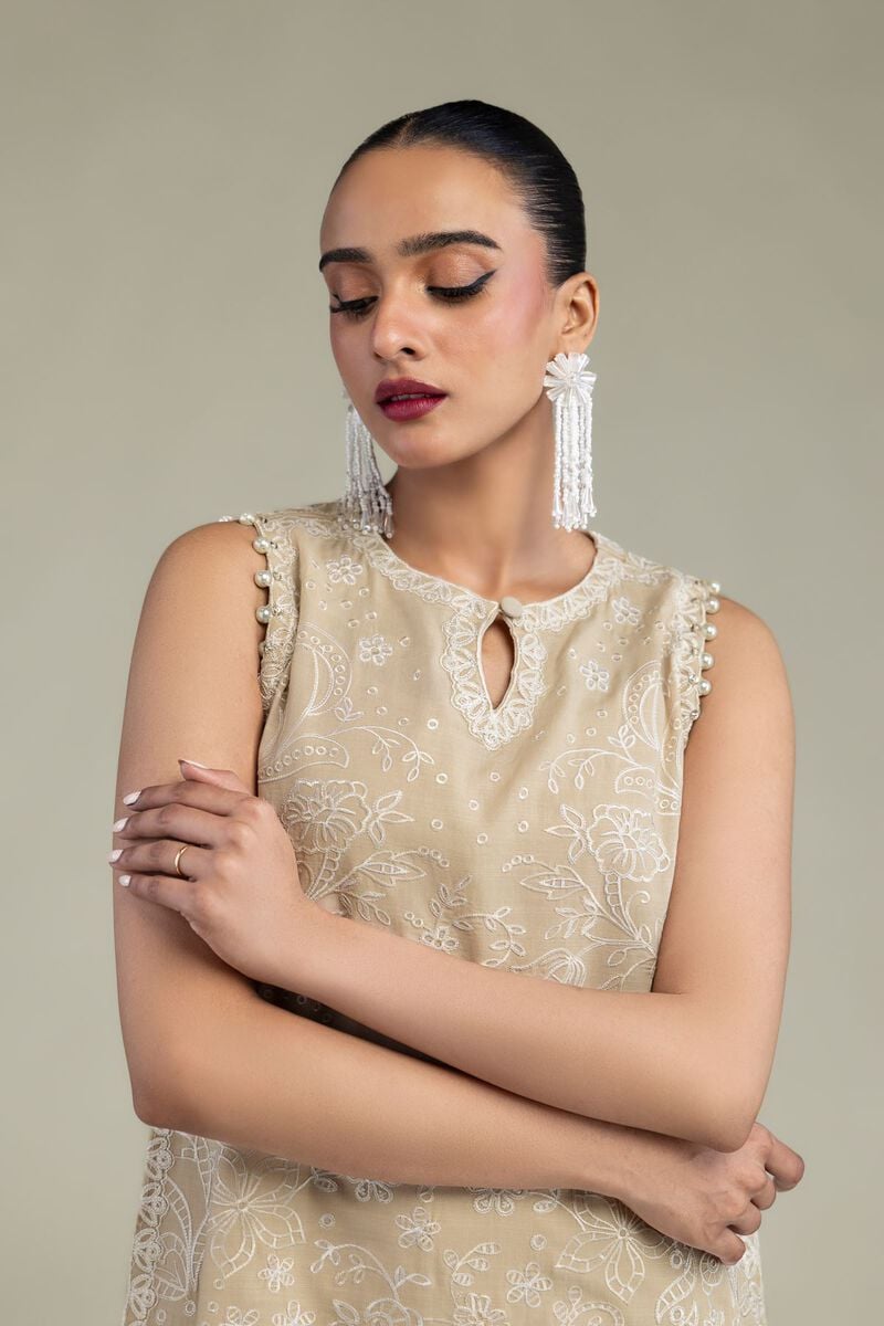 Embroidered | Raw Silk | Beige Sleeveless Kurta | USD 75.00