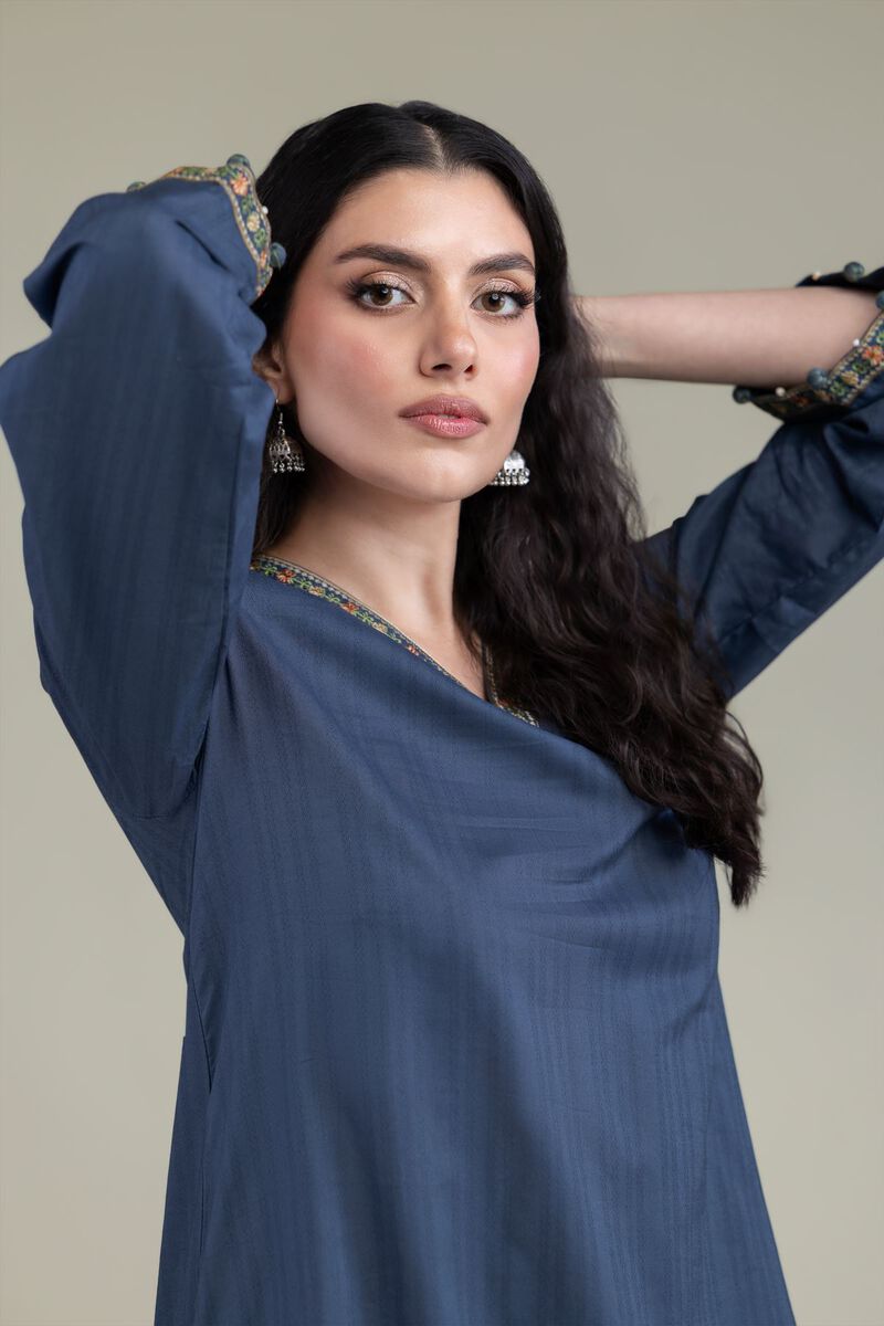 Embroidered | Cotton Dobby | Navy V-Neck Kurta | USD 35.00