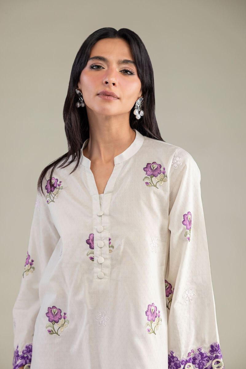 Embroidered | Cotton Dobby | Floral V-Neck Kurta | USD 45.00