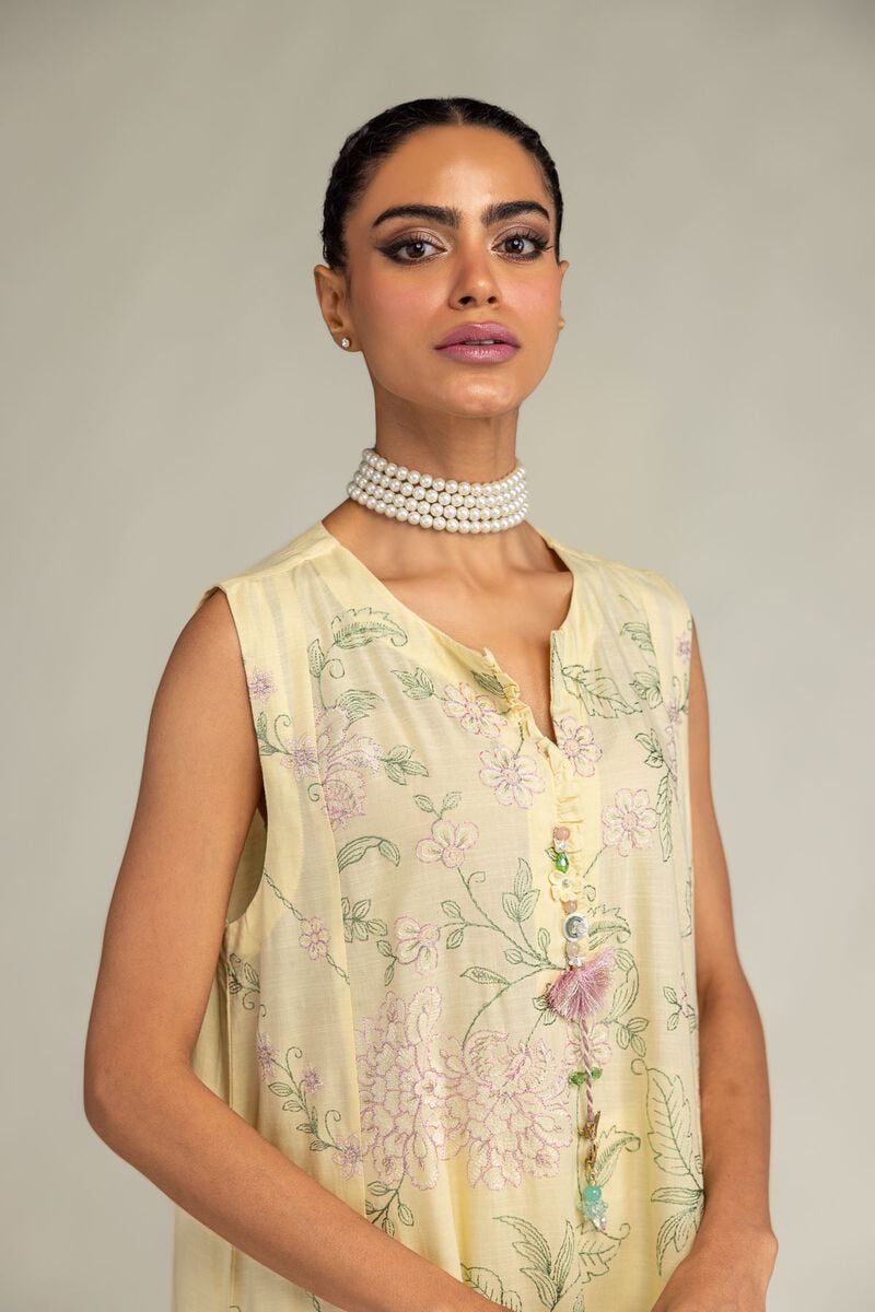Embroidered | Raw Silk | Yellow Sleeveless Kurta | USD 55.00