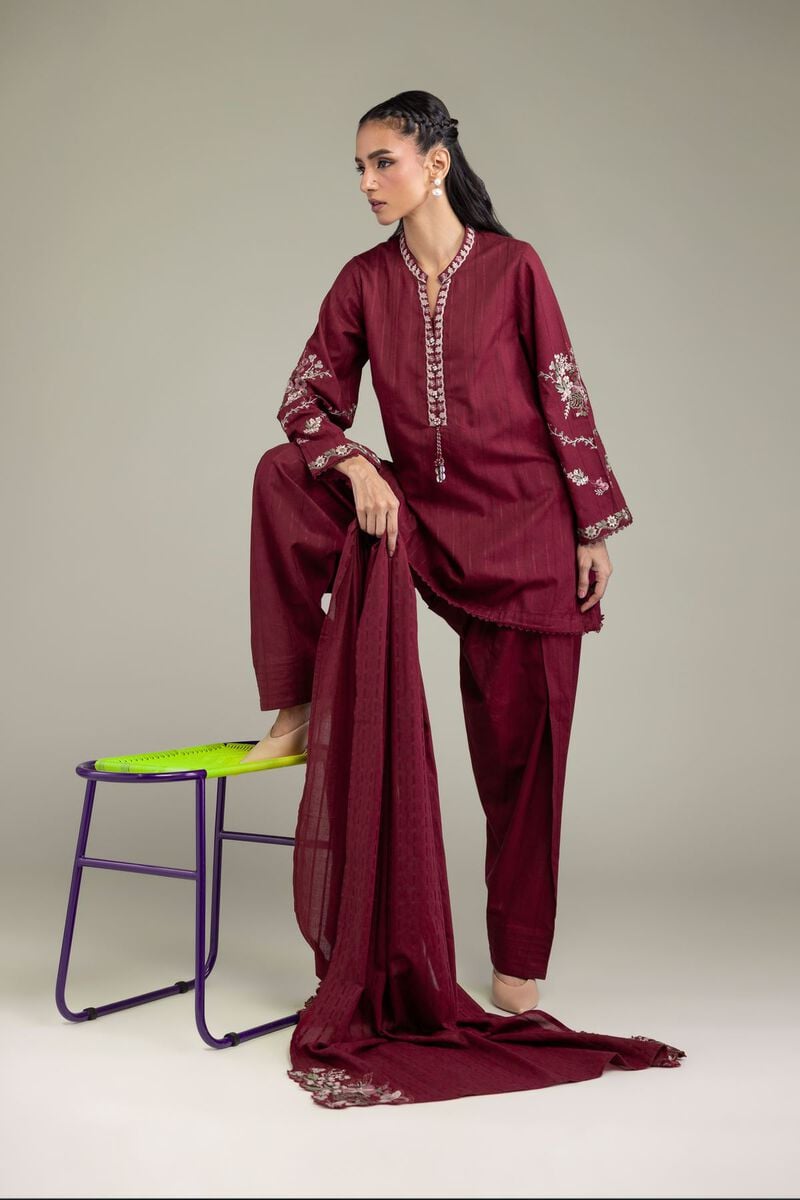 Embroidered | Textured Cotton | Floral Maroon Dupatta | USD 35.00