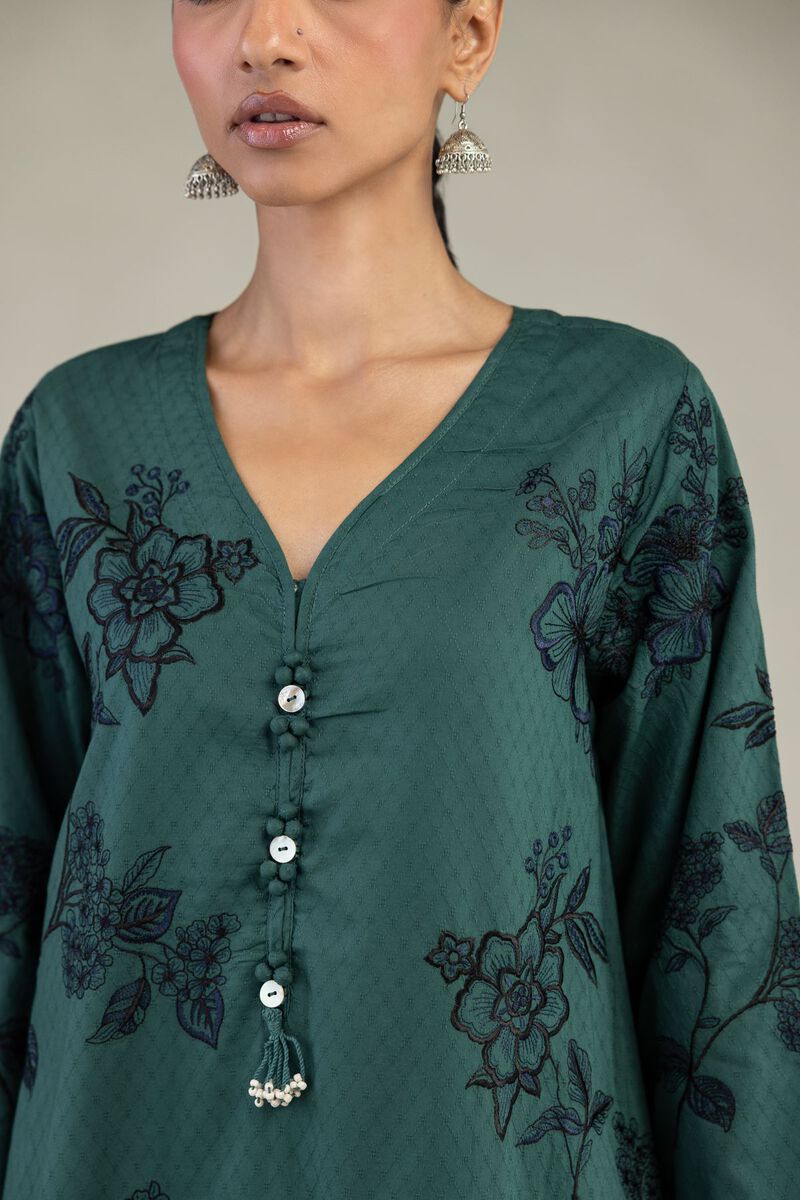 Embroidered | Cotton Dobby | Green Longline Kurta | USD 60.00
