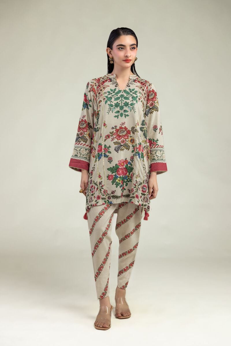 Embroidered | Raw Silk | Floral Beige Kurta  | USD 40.00