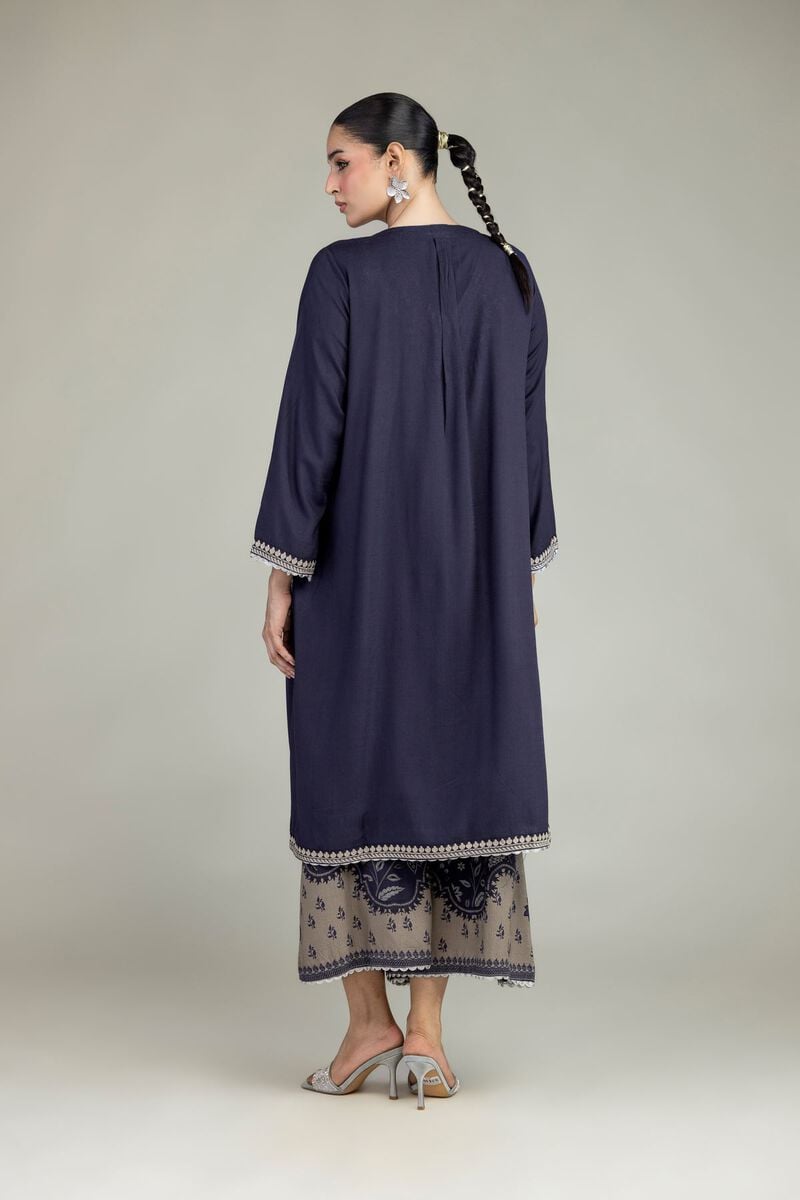 Embroidered | Raw Silk | Navy V-Neck Kurta | USD 60.00