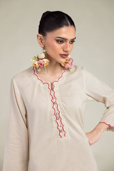 Embroidered | Raw Silk | Floral Scalloped Kurta | USD 45.00