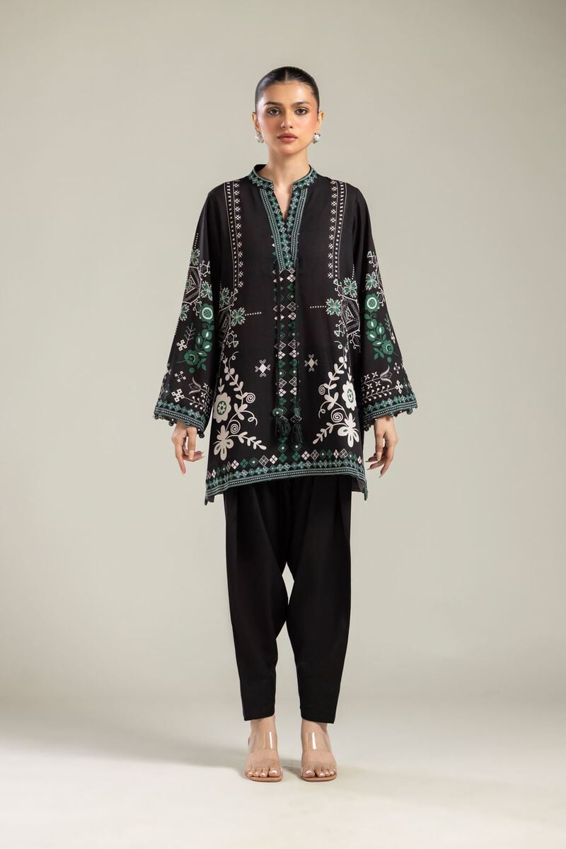 Embroidered | Raw Silk | Black V-Neck Kurta | USD 45.00