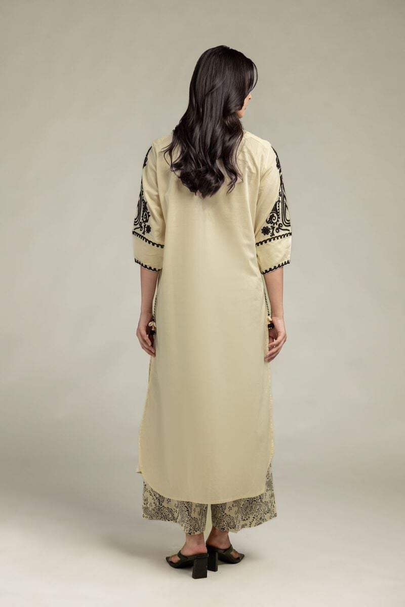 Embroidered | Cambric | Beige Round-Neck Kurta | USD 45.00