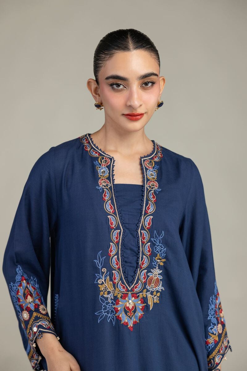 Embroidered | Raw Silk | Floral Navy Kurta | USD 65.00