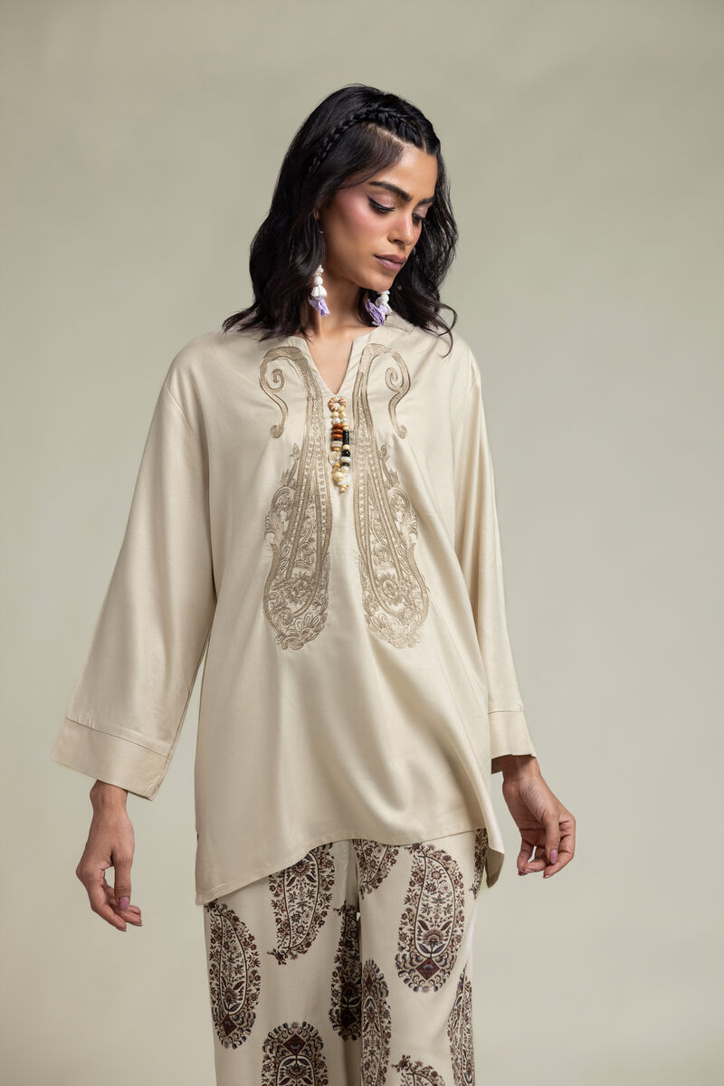 Embroidered | Viscose Crepe | Short V-Neck Tunic | USD 45.00