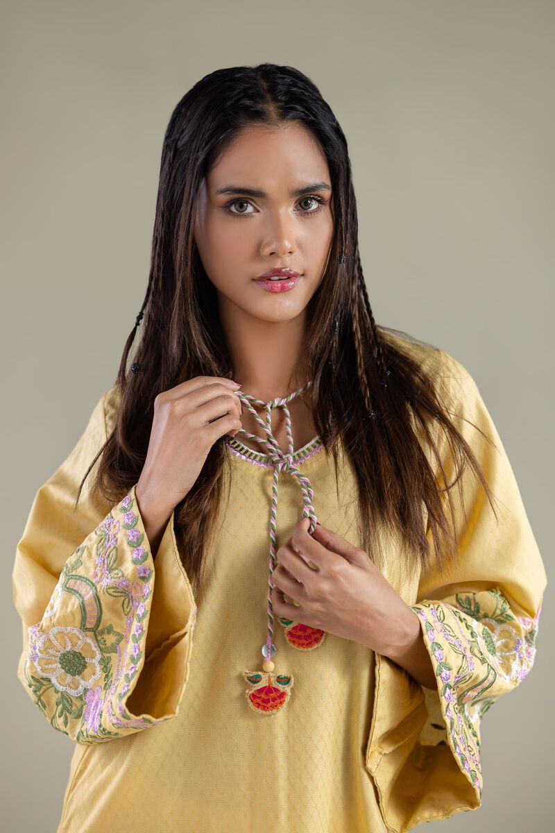 Embroidered | Cotton Dobby | Floral Drawstring Kurta | USD 40.00