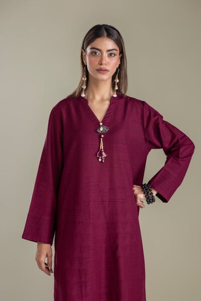 Printed | Light Khaddar | Solid V-Neck Kurta | USD 35.00