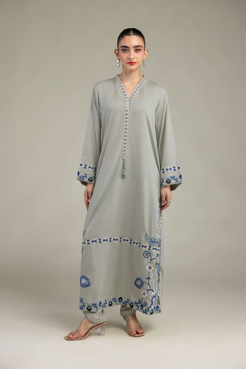 Embroidered | Raw Silk | Floral V-Neck Kurta | USD 60.00