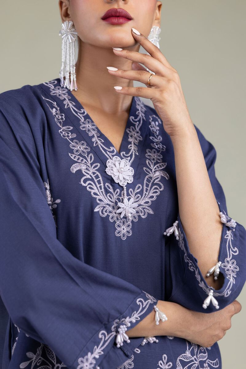 Embroidered | Raw Silk | Floral V-Neck Kurta | USD 55.00