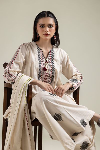 Embroidered |Cotton Dobby | Short White Kurta | USD 35.00