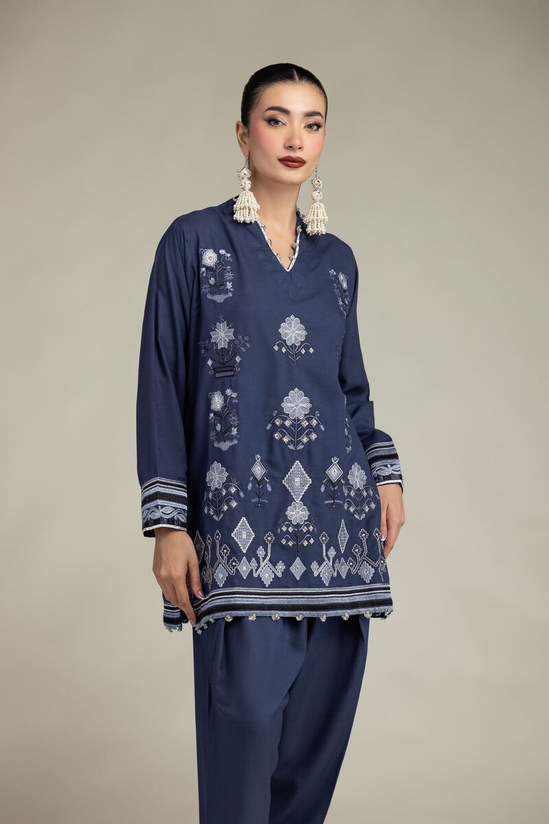 Embroidered | Raw Silk | Floral V-Neck Kurta | USD 55.00